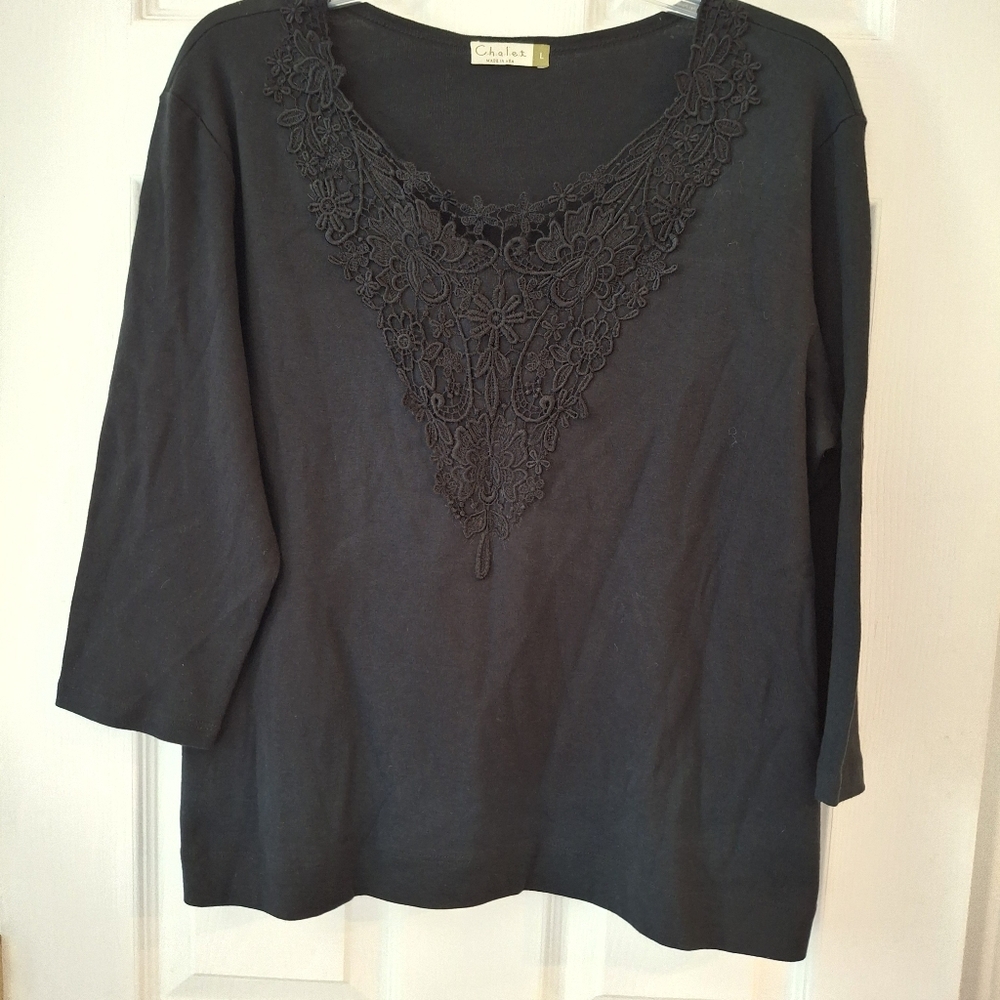 CHALET Womens Top Black Flower Embroidered Crochet Lace USA Sz L Grandmacore